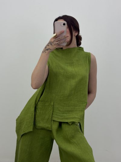 BLUSA CUELLO BARCO VERDE, 100% LINO