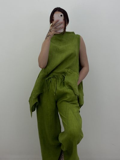 PANTALÓN RECTO VERDE, 100% LINO