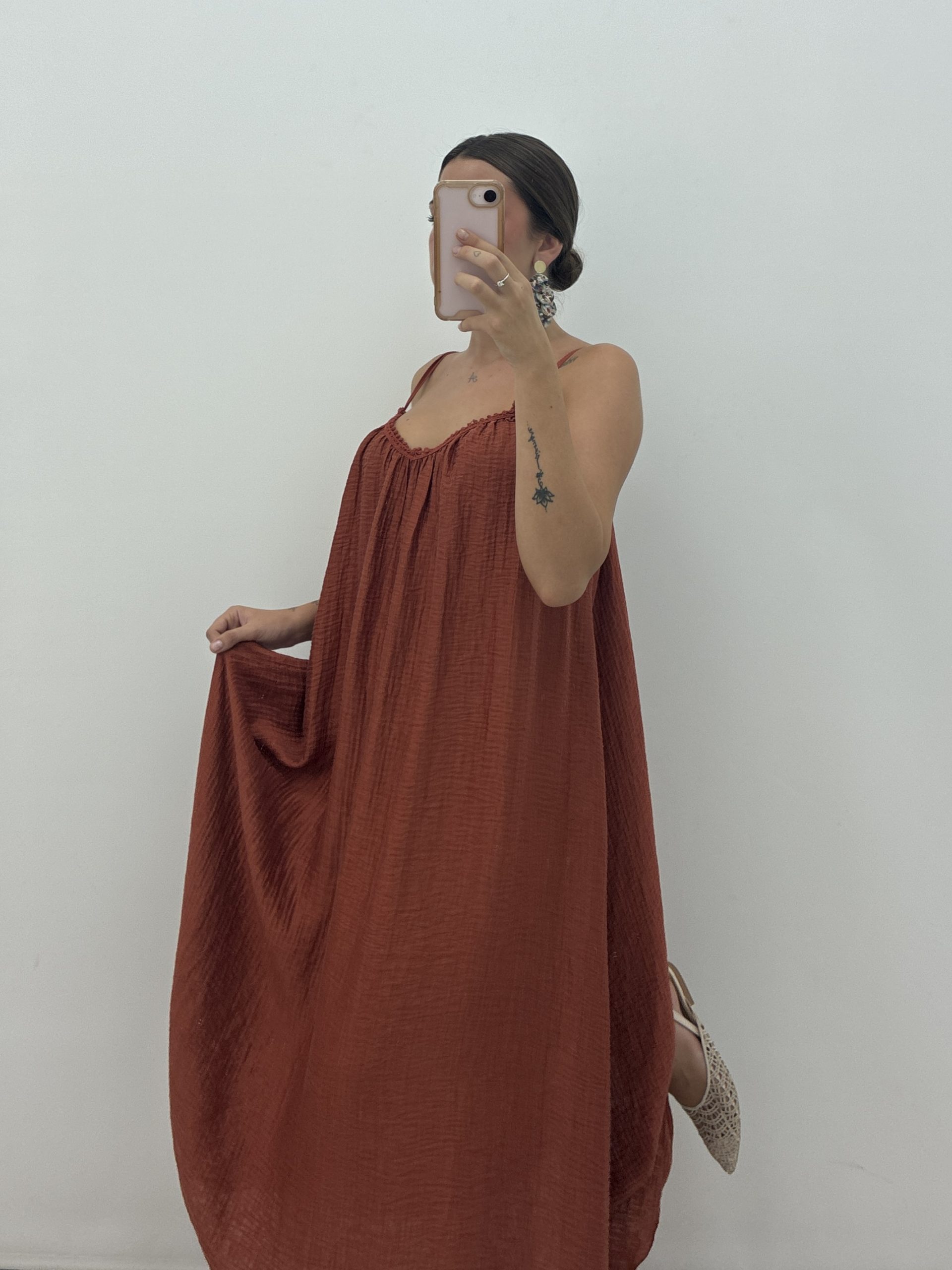 VESTIDO MAXI MUSELINA TEJA