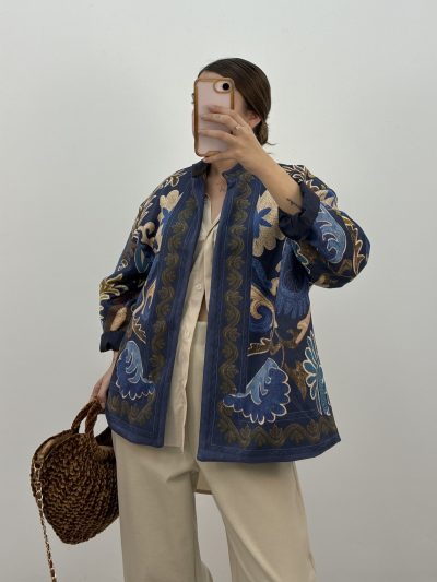 CHAQUETA KIMONO EFECTO BORDADO AZUL