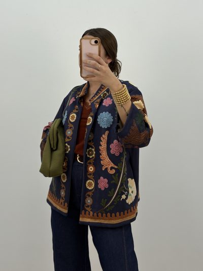 CHAQUETA KIMONO EFECTO BORDADO AZUL
